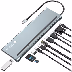 Techly IUSB31C-DOCK12DPHD, Cablato, USB 3.2 Gen 1 (3.1 Gen 1) Type-C, 100 W, 10,100,1000 Mbit/s, Grigio, MicroSD (TransFlash) ...
