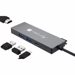 Techly IUSB32C-HUB4HPD, Cablato, USB 3.2 Gen 2 (3.1 Gen 2) Type-C, Grigio, 5 Gbit/s, Metallo, 99,6 mm