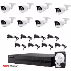 Il kit di videosorveglianza comprende: 1x Videorecorder Hikvision HWD-5108M 8 canali, 2 Mpx 8x Telecamere HWT-B110-M 8x Alime ...