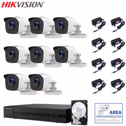 Il kit di videosorveglianza comprende: 1x HWD-5108M Hikvision 4 canali BNC + IP, 1080P - 2 Mpx 8x Telecamere HWT-B120-M Hikvi ...