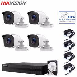 Il kit di videosorveglianza comprende: 1x HWD-7104MH-G Hikvision 5in1, 4 canali BNC + IP, Ultra HD 4K - 8 Mpx 4x Telecamere H ...