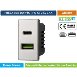 Ettroit - modulo presa caricatore usb doppio type a + c 1P 3.1A 5V silver compatibile bticino serie axolute