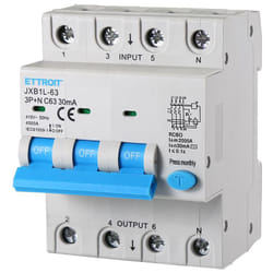 Ettroit - Interruttore magnetotermico differenziale 3P+N, 4 moduli, 415Vac, 63A, 30mA, 4,5KA JXB1L-63-3PN-63A-4.5KA
