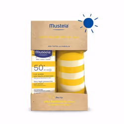 Kit estivo con Latte Solare SPF50+ e borraccia in alluminio riciclato. Protegge la pelle e mantiene l’idratazione.