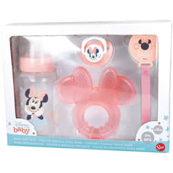 Disney - Set 4 Pezzi Minnie per bambini, senza bpa, con biberon, ciuccio, portaciuccio e massaggiagengive, lavabile e riutilizzabile