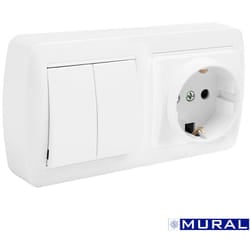 Solera - Basamento bipolare schuko t/tl, doppio interruttore e con otturatore 148x72x42mm s.mural mur36u