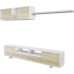 Parete attrezzata, Mobile da soggiorno porta tv, Composizione set salotto, Set salotto con pensile, cm 260x41h46, Bianco lucido e Rovere