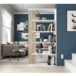 Libreria, Mobile portalibri bifacciale a 5 ripiani, Scaffale divisorio da ufficio o cameretta, cm 90x25h180, Bianco e Rovere