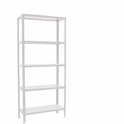 Scaffale metallico di colore bianco/bianco con 5 ripiani. Ha una capacità di carico per scaffale di 150 kg e una capacità tot ...