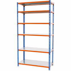 Scaffale metallico senza viti, di colore blu/arancione/galva con 6 ripiani. Ha una capacità di carico per scaffale di 200 kg  ...