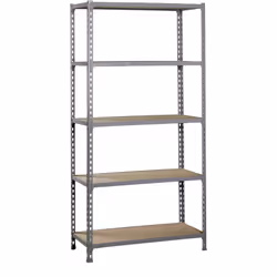 Scaffale metallico senza viti, colore grigio/legno con 5 ripiani in legno. Ha una capacità di carico per rack di 200 kg e una ...