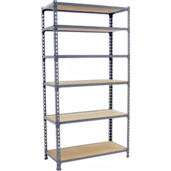Scaffale metallico senza viti, colore grigio/legno con 6 ripiani in legno. Ha una capacità di carico per rack di 200 kg e una ...