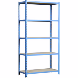 Scaffale metallico senza viti, colore blu/legno con 5 ripiani in legno. Ha una capacità di carico per rack di 200 kg e una ca ...