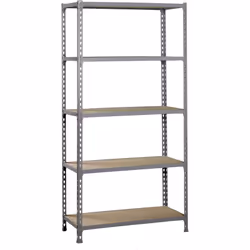 Scaffale metallico senza viti, colore grigio/legno con 5 ripiani in legno. Ha una capacità di carico per rack di 200 kg e una ...