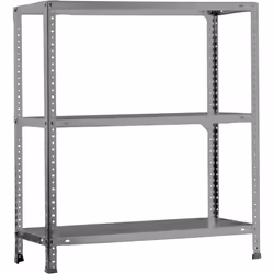 Scaffale metallico con viti, di colore grigio con 3 ripiani. Ha una capacità di carico per scaffale di 75 kg e una capacità t ...