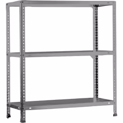 Scaffale metallico con viti, di colore grigio con 3 ripiani. Ha una capacità di carico per scaffale di 75 kg e una capacità t ...