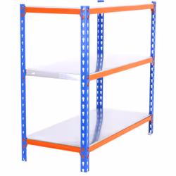 Scaffale metallico senza viti, colore blu/arancione/galva con 3 ripiani. Ha una capacità di carico per scaffale di 180 kg e u ...