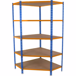 Scaffale angolare in metallo senza viti con vassoi di agglomerato, colore BLU/ARANCIONE/LEGNO.Ha 5 ripiani. Include vassoi di ...