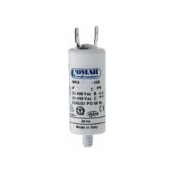 Condensatore di avviamento 1,5uF 5% 450V Ø3,4x6,3cm con picchetto M8 e faston semplice 6,35 Konek