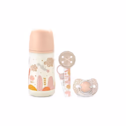 SET PER BAMBINI; confezione neonato Suavinex che comprende: Biberon da 270 ml, con Tettarella in simmetrica in silicone SX Pr ...