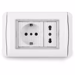 placca stagna con presa schuko e presa biapsso 3posti esterno tensione massima 250 volt corrente massima 16A 1 presa schuko 1 ...