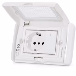 placca stagna coperchio idrobox 3 posti presa scuko e interruttore tensione massima 250 volt corrente massima 16A 1 presa sch ...