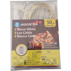 Luci 50LED interno esterno con filo argentato bianco caldo a batteria con timer