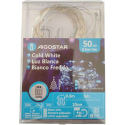 Luci 50LED interno esterno con filo argentato bianco freddo a batteria con timer