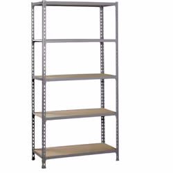 Scaffale metallico senza viti di colore GRIGIO/LEGNO con capacità di carico per scaffale di 150 kg. Il numero di scaffali è 5 ...