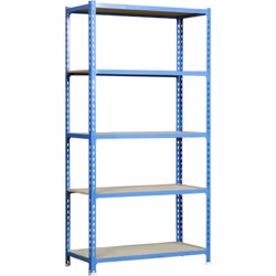 Scaffale metallico senza viti di colore BLU/LEGNO con capacità di carico per scaffale di 150 kg. Il numero di scaffali è 5 e ...