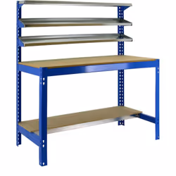 Banco di lavoro in metallo colore BLU/LEGNO con portata di 600 kg. Le misure (altezza x larghezza x profondità) sono 1445x121 ...