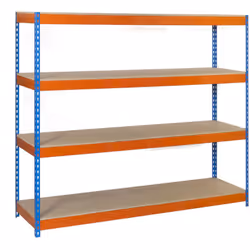 Scaffale metallico senza viti di colore BLU/ARANCIONE/LEGNO con capacità di carico per scaffale di 600 kg. Ha 4 altezze. Cont ...