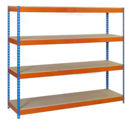 Scaffale in metallo Simon Rack senza viti colore blu/arancio/legno 4 ripiani 2000x1500x900 mm Made in Spain