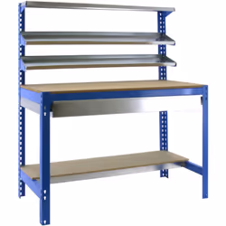 Banco di lavoro in metallo colore BLU/LEGNO con portata di 600 kg. Le misure (altezza x larghezza x profondità) sono 1445x121 ...