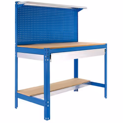 Banco di lavoro in metallo colore BLU/LEGNO con portata di 600 kg. Le misure (altezza x larghezza x profondità) sono 1445x121 ...