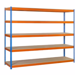 Scaffale metallico senza viti di colore BLU/ARANCIONE/LEGNO con capacità di carico per scaffale di 600 kg. Ha 5 altezze. Cont ...