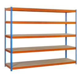 Scaffale in metallo Simon Rack senza viti colore blu/arancio/legno 5 ripiani 2000x1500x600 mm Made in Spain
