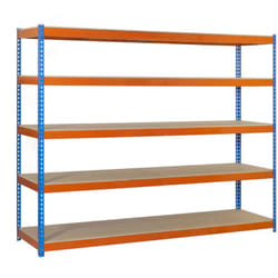 Scaffale in metallo Simon Rack senza viti colore blu/arancio/legno 5 ripiani 2000x1500x900 mm Made in Spain