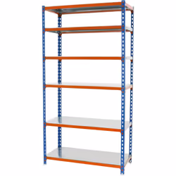 Scaffale metallico senza viti di colore BLU/ARANCIONE/GALVA con portata per scaffale da 180 kg. Il numero di scaffali è 6 e l ...