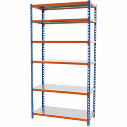 Scaffale metallico senza viti di colore BLU/ARANCIONE/GALVA con portata per scaffale di 180 kg. Il numero di scaffali è 6 e l ...