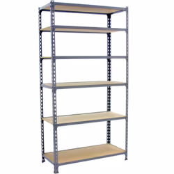 Scaffale metallico senza viti di colore GRIGIO/LEGNO con capacità di carico per scaffale di 150 kg. Il numero di scaffali è 6 ...
