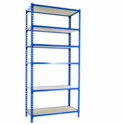 Scaffale metallico senza viti di colore BLU/LEGNO con capacità di carico per scaffale di 150 kg. Il numero di scaffali è 6 e ...