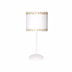 Lampada da tavolo della serie CENEFA in bianco con dettagli in marrone. Il paralume ha un diametro di 17 cm con due bordi dec ...