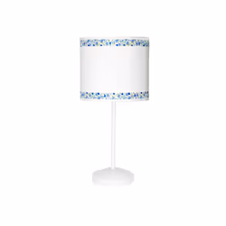 Lampada da tavolo della serie CENEFA in bianco con dettagli blu. Il paralume ha un diametro di 17 cm con due bordi decorativi ...