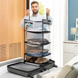 Sleekbag Portabagagli pieghevole - Organizzatore di vestiti/scarpe , 4 ripiani, 2 tasche, ripiano per vestiti sporchi, leggero, nero, medio,