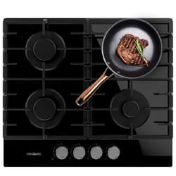 Cecotec - Placa de Gas Butano e Naturale 4 fuochi Bolero Squad g 4200F Vetro Nero. 8000W, Vetro nero, Griglie in ghisa, wok a tripla corona,