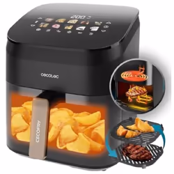 Friggitrice ad aria, griglia e piastra. Design 3 in 1 che consente di cucinare carni alla perfezione, pizze con impasti soffi ...