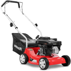 Tagliaerba a scoppio 132cc 5hp, motore a benzina ohv 4 tempi, azionamento manuale, lama 390mm, altezza di taglio regolabile, cesto 35L Greencut