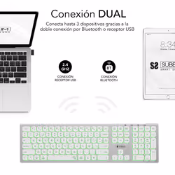 SUBBLIM SUBKB-3MIE300 tastiera Universale RF senza fili + Bluetooth QWERTY Spagnolo Argento, Bianco
