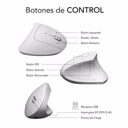 SUBBLIM RATON OPTICO DUAL GLIDE VERTICAL ERGO DUAL BATERIA BLANCO mouse Universale Mano destra Bluetooth + USB Type-A Ottico 1600 DPI - Vista aggiuntiva 7